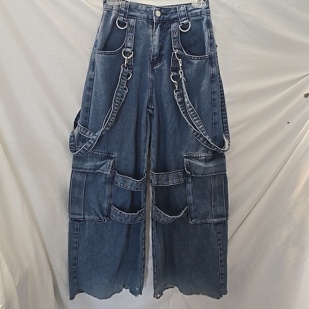 Romwe Juniors Denim Jean Straps Buckles Sz XS (2) Streetwear Grunge Skater - Picture 1 of 14